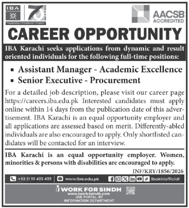 IBA Karachi Jobs 2026 advertisement announcing career opportunities for Assistant Manager Academic Excellence and Senior Executive Procurement positions, with online application details through the IBA careers portal.