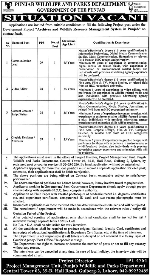 Punjab Wildlife and Parks Department Jobs 2026 official advertisement announcing contract-based vacancies for Communication Lead, Video Editor, Content Creator/Script Writer, and Graphic Designer/Animator positions in Lahore.