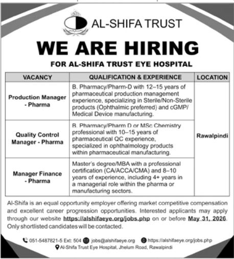 Al-Shifa Trust Eye Hospital Jobs 2026 advertisement for Production Manager Pharma, Quality Control Manager Pharma, and Manager Finance Pharma in Rawalpindi.