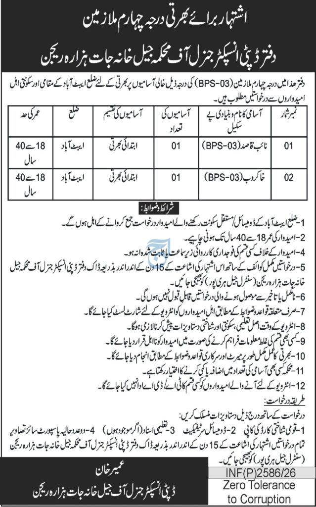 DIG Prisons Hazara Region Jobs 2026 advertisement for Naib Qasid and Khakroob BPS-03 vacancies in Abbottabad.
