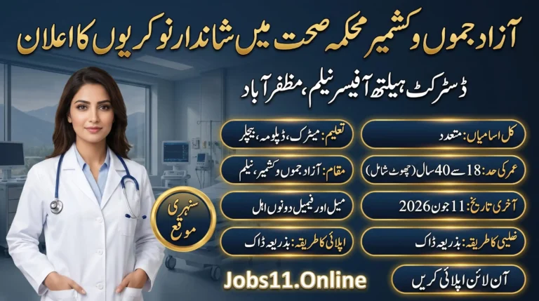 District Health Officer Neelum Jobs 2026 advertisement published by the AJK Health Department for multiple health and technical vacancies.