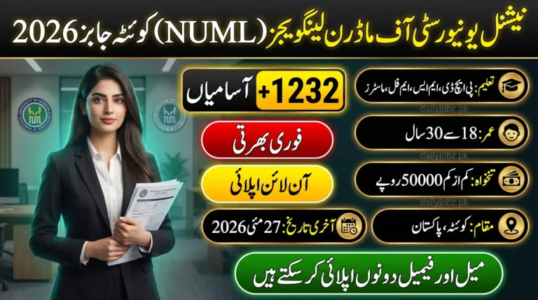 NUML Quetta Campus Jobs 2026 advertisement banner showing a female office employee holding application papers with details about 1232 vacancies, online apply process, eligibility criteria, salary, and last date for National University of Modern Languages jobs in Quetta Pakistan.