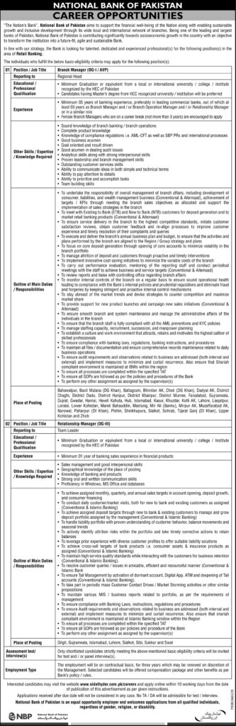 National Bank of Pakistan Jobs 2026 advertisement showing career opportunities for Branch Manager and Relationship Manager positions in retail banking.