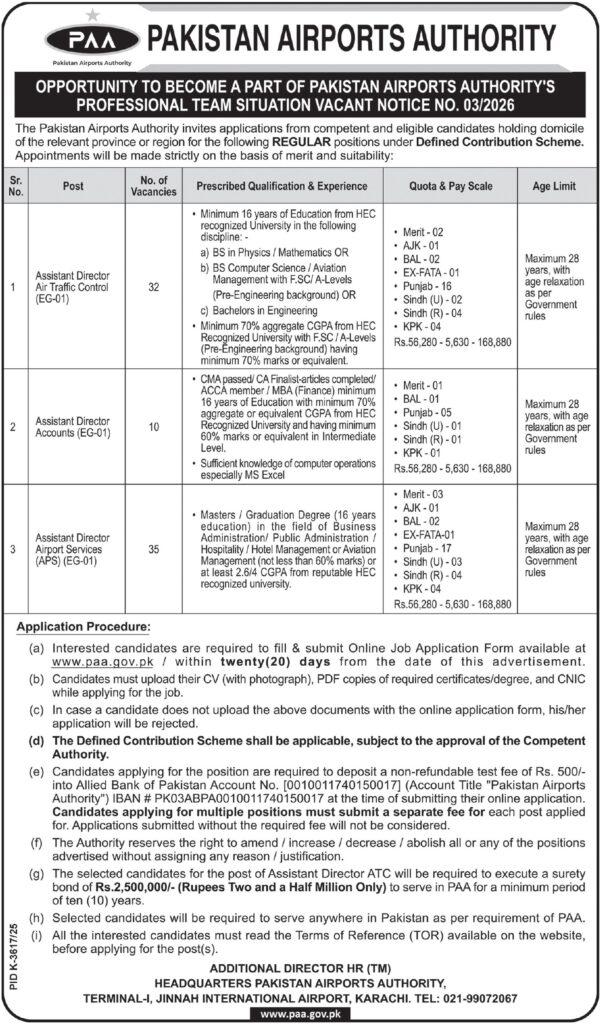 Pakistan Airports Authority Jobs 2026 advertisement showing Assistant Director vacancies in Air Traffic Control, Accounts, and Airport Services with eligibility and application details.