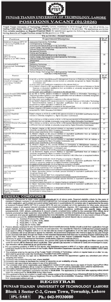 PTUT Jobs 2026 Punjab Tianjin University of Technology Lahore advertisement for teaching and non-teaching vacancies