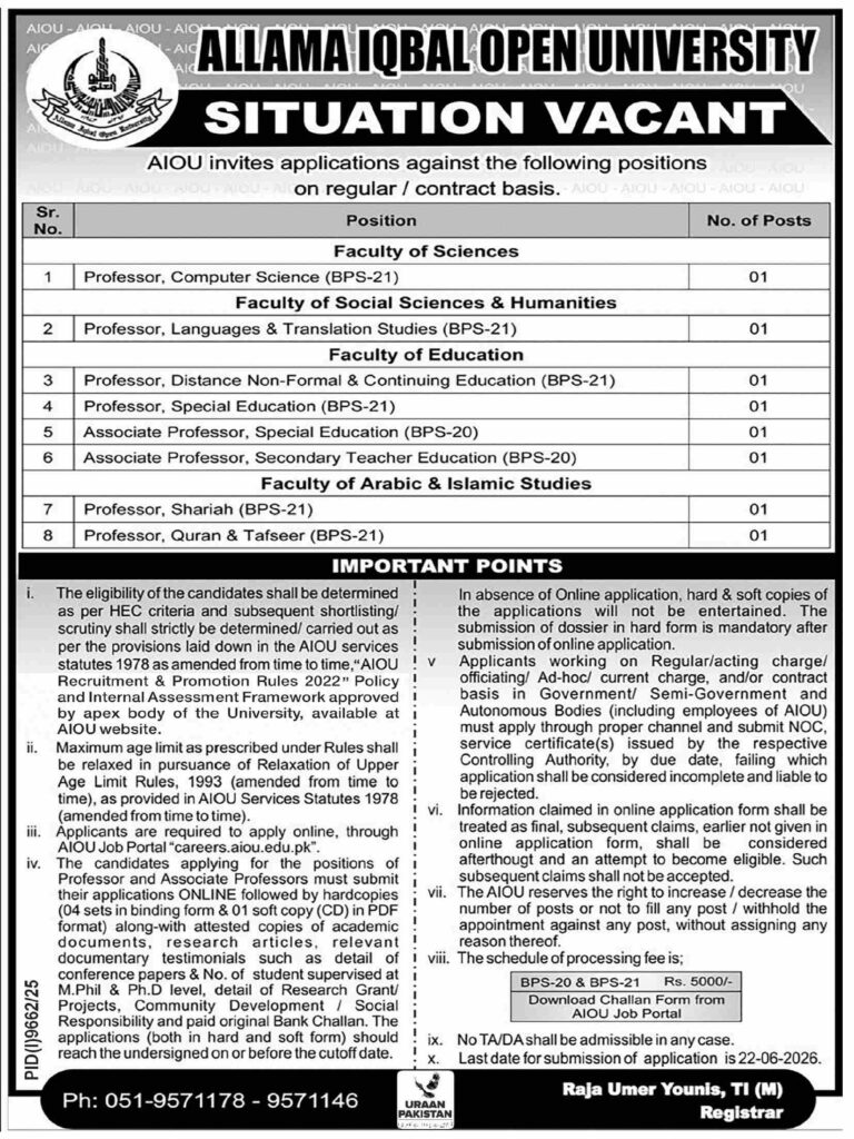 AIOU Jobs 2026 advertisement for Professor and Associate Professor vacancies at Allama Iqbal Open University.