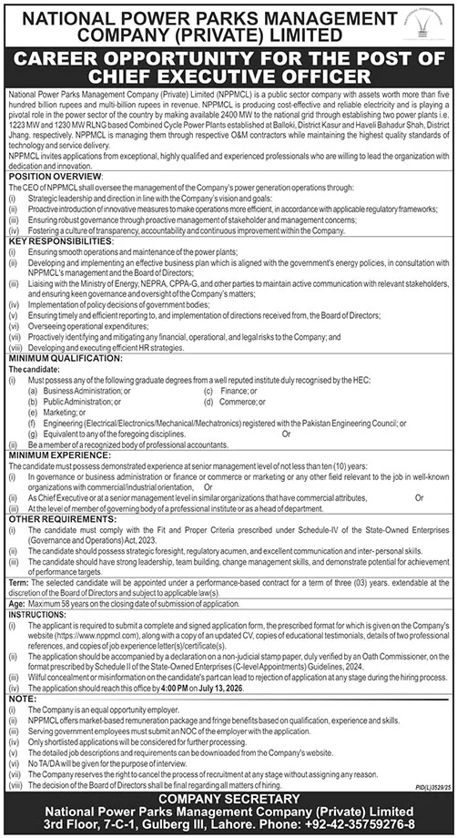 NPPMCL CEO Jobs 2026 advertisement for Chief Executive Officer vacancy