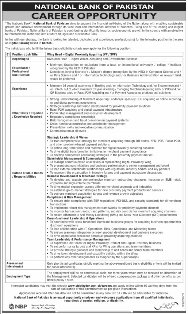 National Bank of Pakistan Jobs 2026 advertisement for Wing Head Digital Proximity Acquiring VP SVP position in Karachi