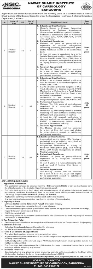 Nawaz Sharif Institute of Cardiology Sargodha Jobs 2026 advertisement for Finance Director, Medical Director, and Nursing Director posts.