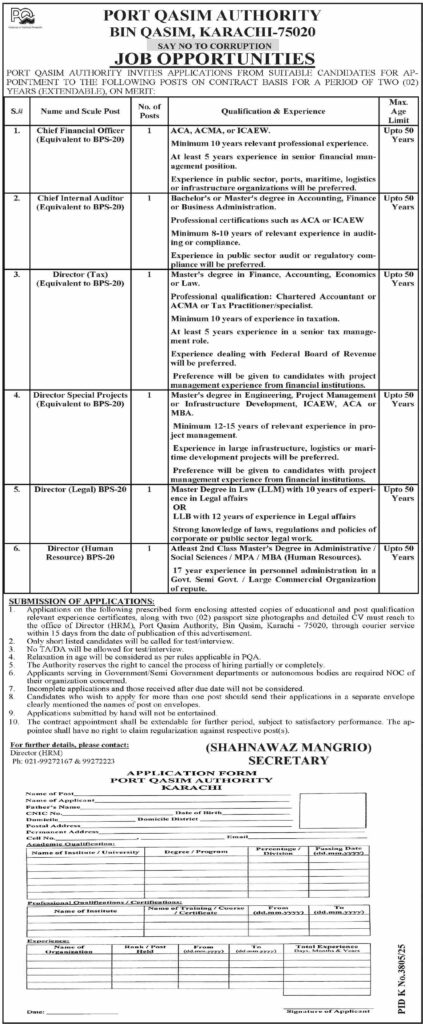 Port Qasim Authority Jobs 2026 advertisement announcing Chief Financial Officer, Chief Internal Auditor, Director, Legal, Tax, Human Resource, and Special Projects vacancies in Karachi.