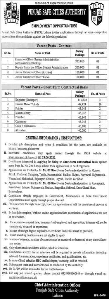 Punjab Safe Cities Authority PSCA Jobs 2026 advertisement for contract and short-term contractual vacancies in Lahore and Punjab