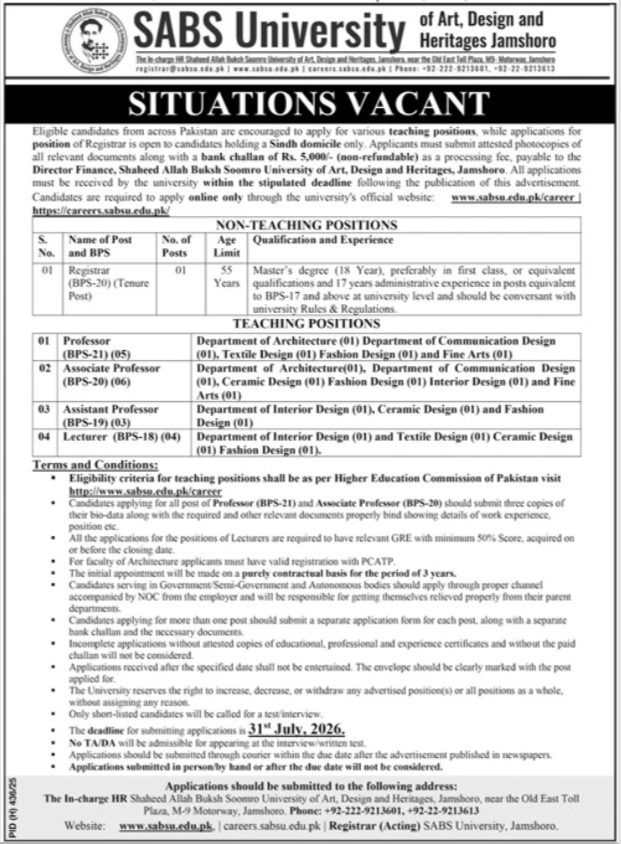 Official advertisement of SABS University Jobs 2026 announcing teaching and non-teaching vacancies in Jamshoro with eligibility criteria and application details.