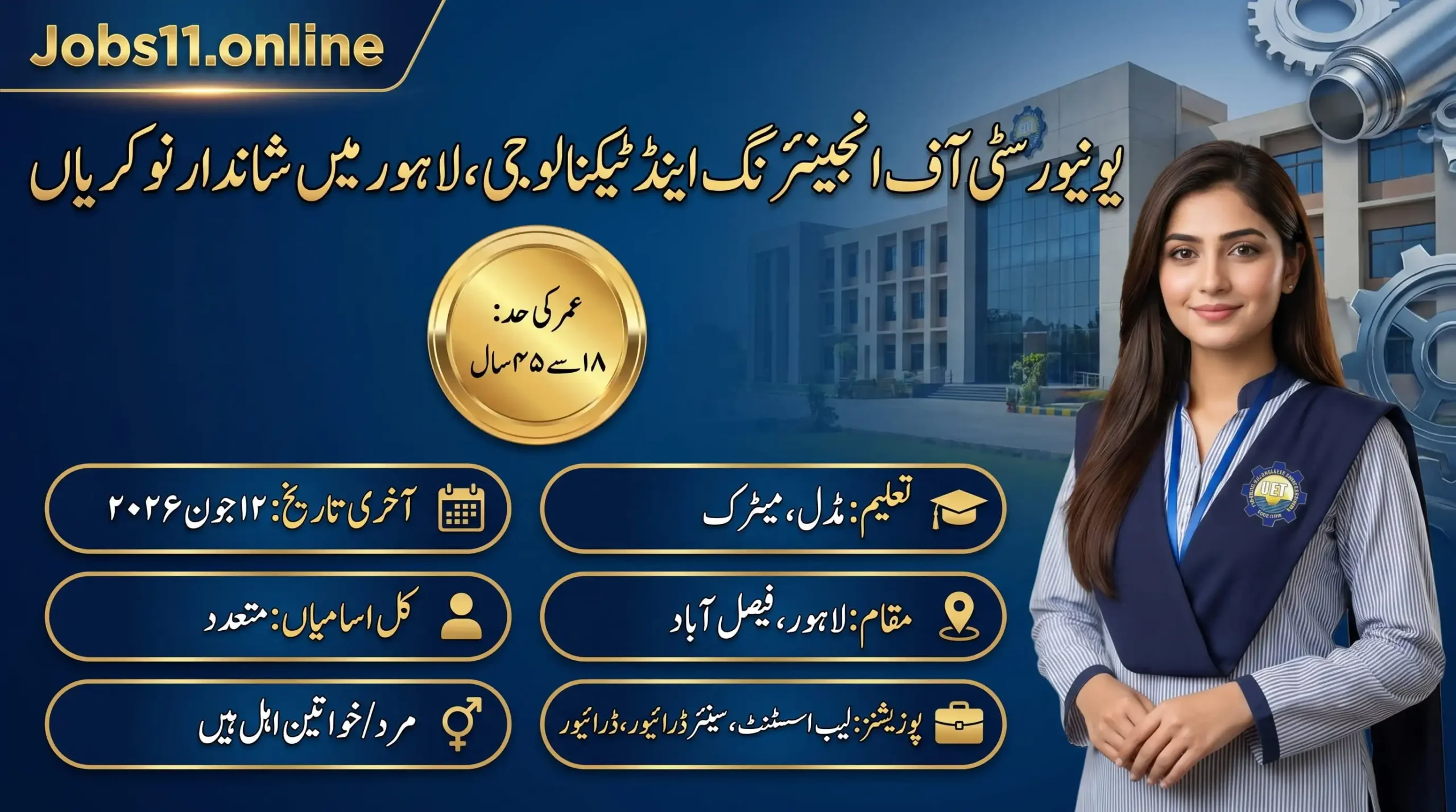 UET Lahore Jobs 2026 latest vacancies for Lab Assistant and Driver posts on contract basis.
