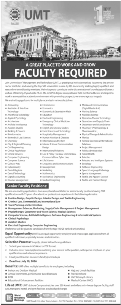 "UMT Faculty Required Jobs 2026 advertisement by the University of Management and Technology (UMT), Lahore, inviting applications for multiple faculty positions across various academic disciplines with the application deadline of 10 July 2026."