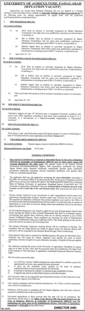 University of Agriculture Faisalabad Jobs 2026 official advertisement showing vacancies for Registrar, Controller of Examinations, Deputy Registrar, Estate Officer, and Research Assistant posts.