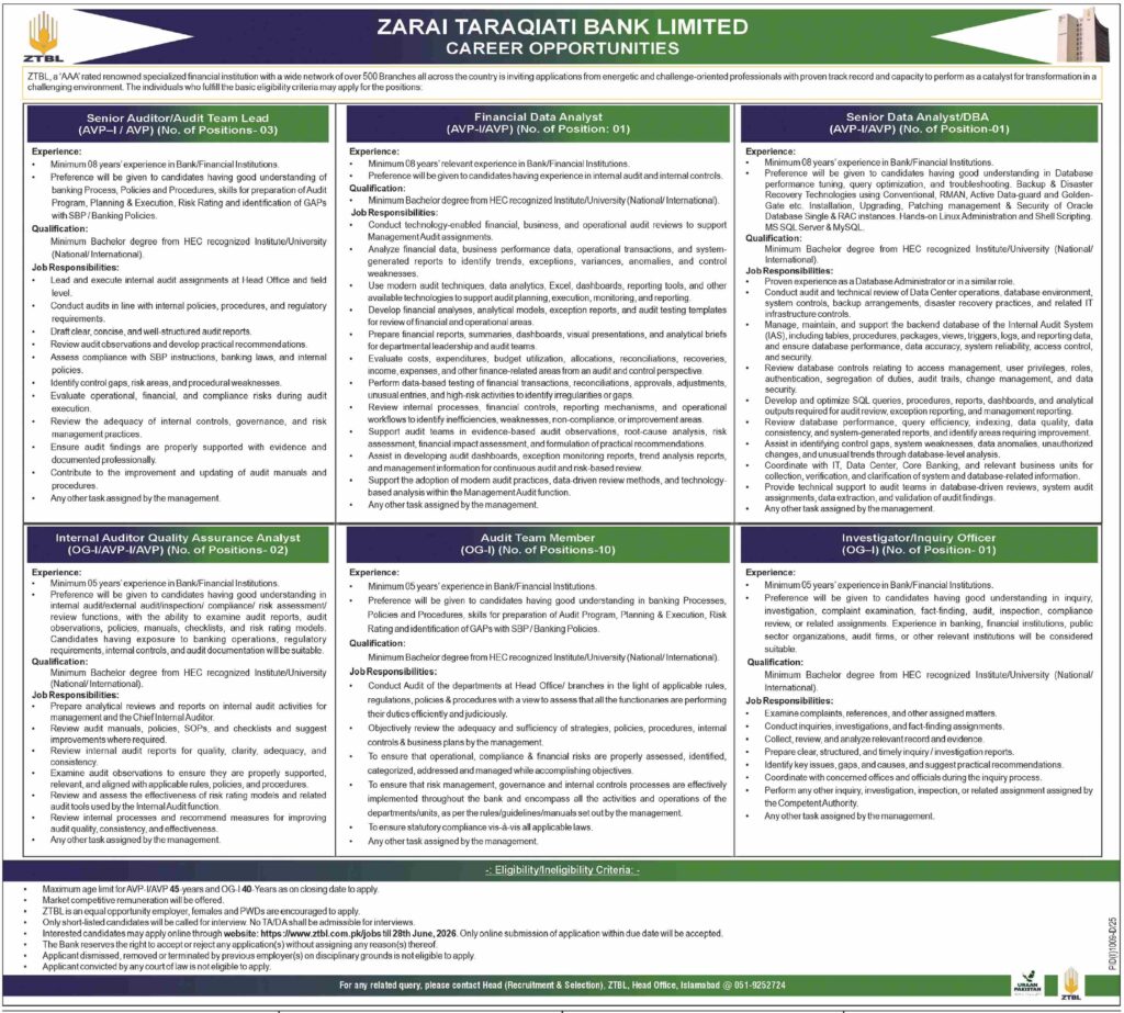 ZTBL Jobs 2026 advertisement by Zarai Taraqiati Bank Limited showing vacancies for auditors, data analysts, DBA specialists, audit team members, and inquiry officers.