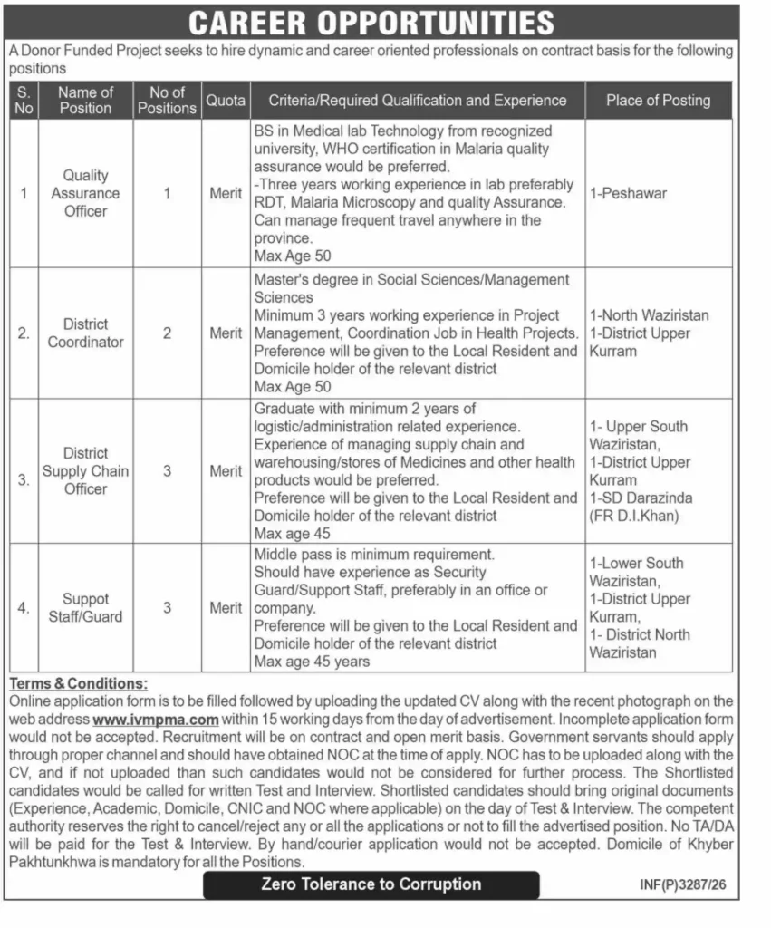 Khyber Pakhtunkhwa Donor Funded Project Jobs 2026 advertisement showing Quality Assurance Officer, District Coordinator, Supply Chain Officer and Support Staff vacancies.