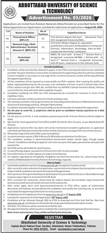 : Abbottabad University jobs 2026 advertisement for Procurement Officer, Network Engineer, Web Administrator, Assistant Director IT, and Accountant.