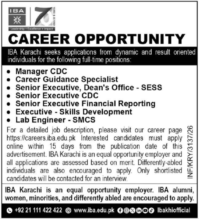 IBA Karachi Jobs advertisement listing full-time manager, specialist, senior executive, executive and lab engineer positions
