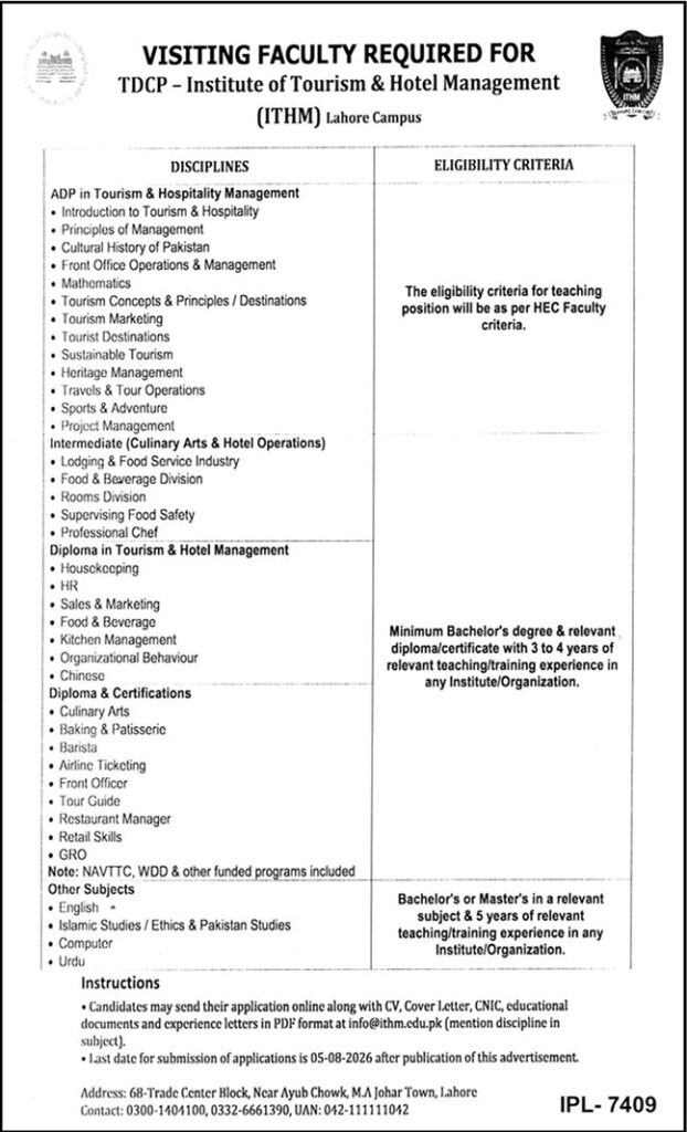 ITHM Lahore Visiting Faculty Jobs 2026 advertisement showing available teaching disciplines, eligibility criteria, application email, and deadline.