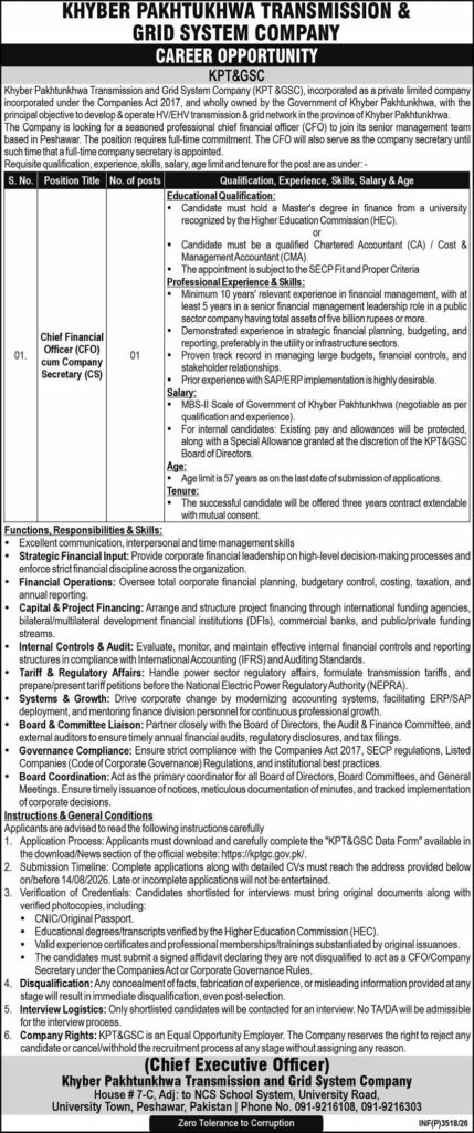 KPT&GSC Jobs 2026 for CFO in Peshawar advertisement for Chief Financial Officer CFO cum Company Secretary position in Peshawar."