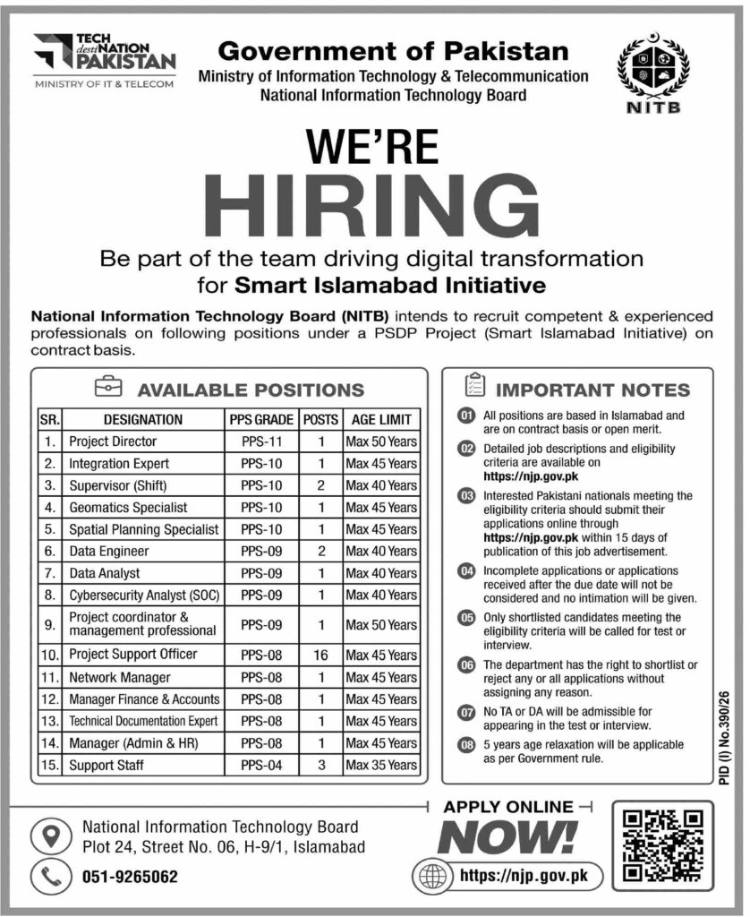 NITB Jobs 2026 advertisement showing 34 contract vacancies for technical, management, data, cybersecurity and support positions in Islamabad.