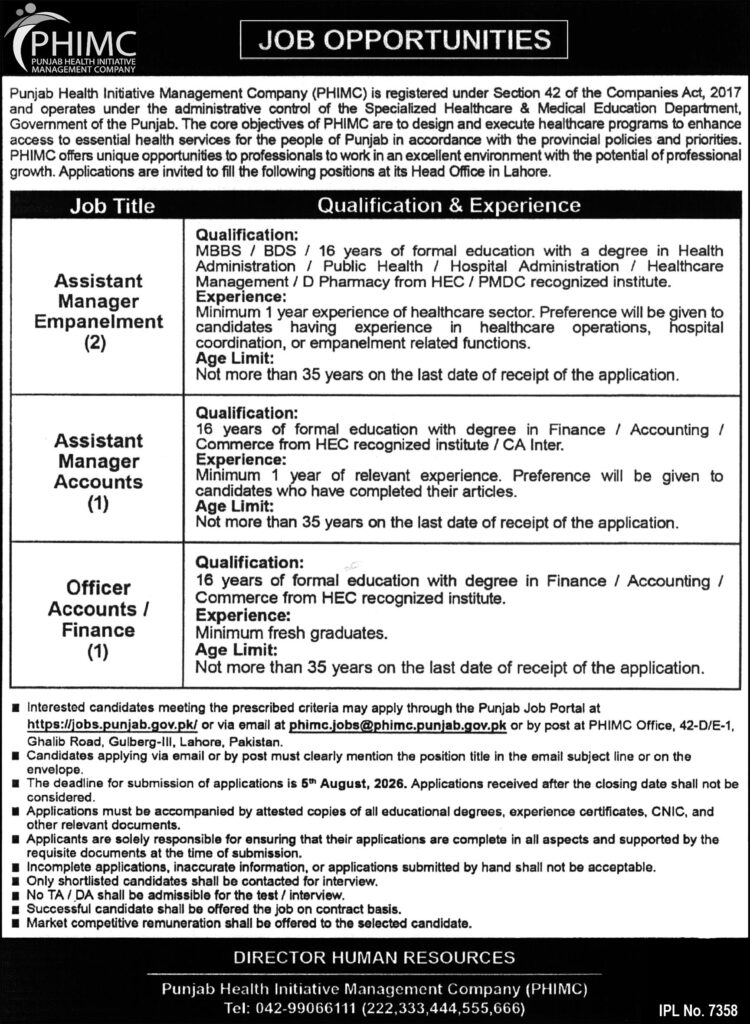 PHIMC Jobs 2026 advertisement showing vacancies for Assistant Manager Empanelment, Assistant Manager Accounts and Officer Accounts Finance in Lahore.