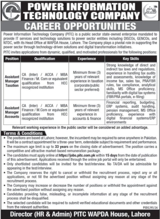PITC Jobs 2026 advertisement for Assistant Manager Taxation and Assistant Manager Accounts positions in Lahore.
