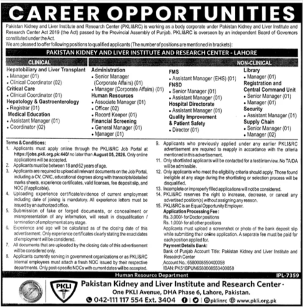 PKLI Jobs 2026 advertisement for 28 clinical and non-clinical vacancies at Pakistan Kidney and Liver Institute Lahore.