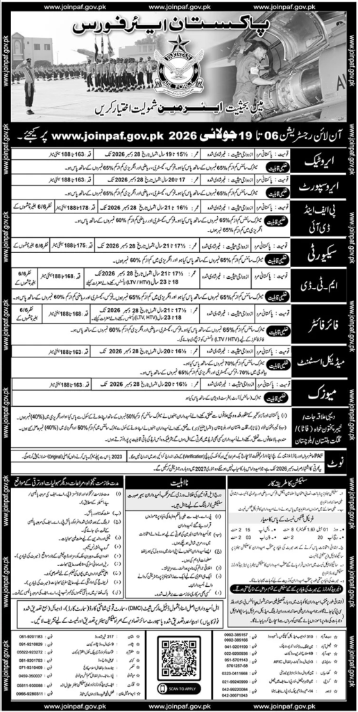 Pakistan Air Force Airmen Jobs 2026 official advertisement showing online registration dates, eligibility criteria, and available Airmen trades.