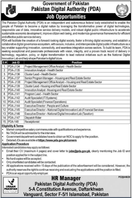 Pakistan Digital Authority PDA Jobs 2026 official advertisement showing multiple government vacancies in health, housing, audit, innovation, finance, administration, receptionist and dispatch rider positions in Islamabad.