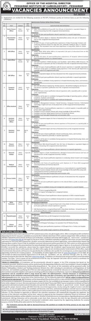 Peshawar Institute of Cardiology Jobs 2026 advertisement showing 17 contract positions, eligibility rules and ETEA application dates.