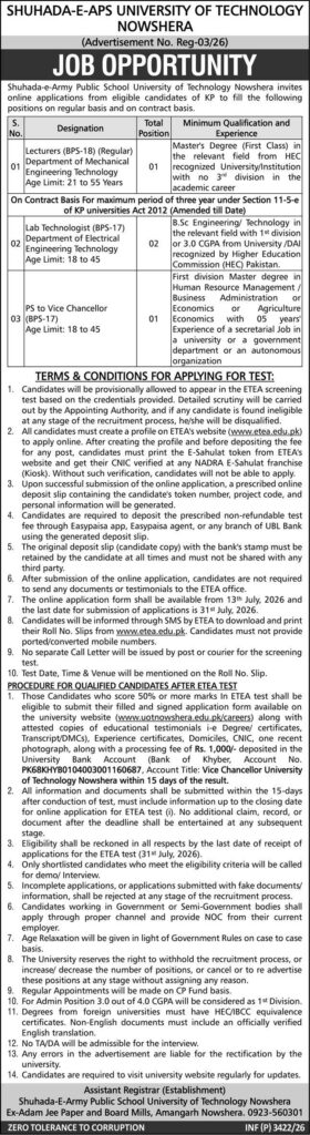 Shuhada-E-APS University of Technology Nowshera Jobs 2026 advertisement showing Lecturer, Lab Technologist and PS to Vice Chancellor vacancies through ETEA.