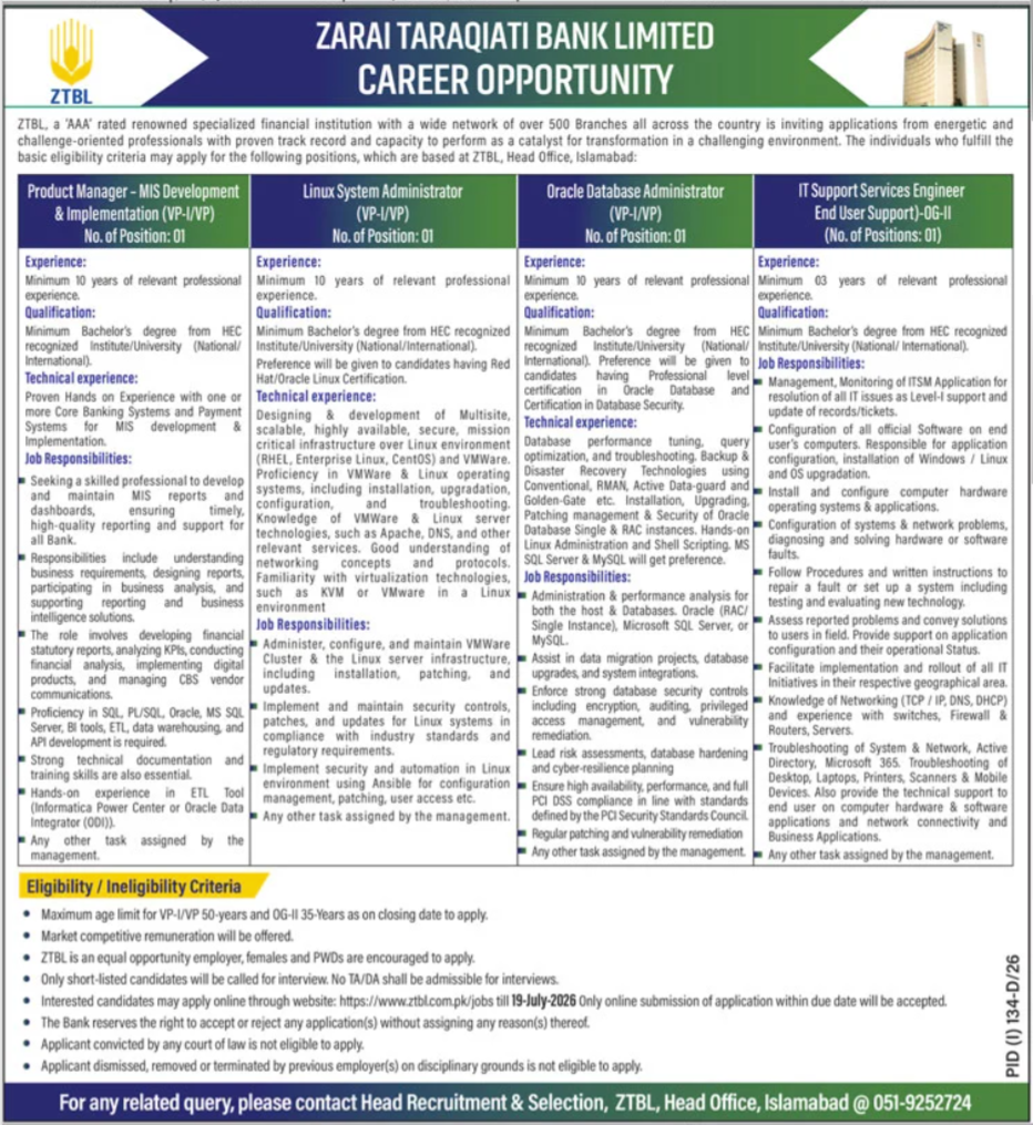 Official advertisement for ZTBL Career Opportunity Jobs 2026 showing vacancies for Product Manager, Linux System Administrator, Oracle Database Administrator, and IT Support Services Engineer.