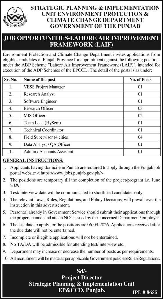 Lahore Air Improvement Framework LAIF Jobs 2026 advertisement by the Environment Protection and Climate Change Department Punjab, showing 16 vacancies and the last date to apply online as 06 September 2026.