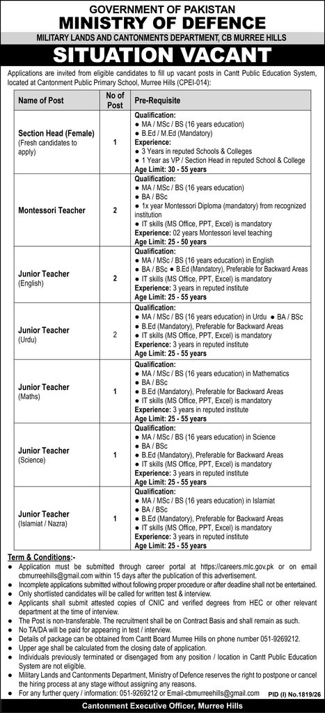"MLC Murree Hills Jobs 2026 – Ministry of Defence Situation Vacant notice for Section Head, Montessori and Junior Teacher posts at Cantonment Public Primary School"