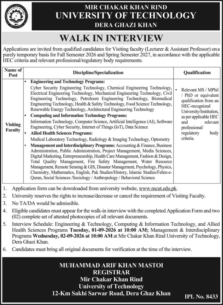 Mir Chakar Khan Rind University of Technology Jobs 2026 – Visiting Faculty walk-in interview advertisement for Dera Ghazi Khan.