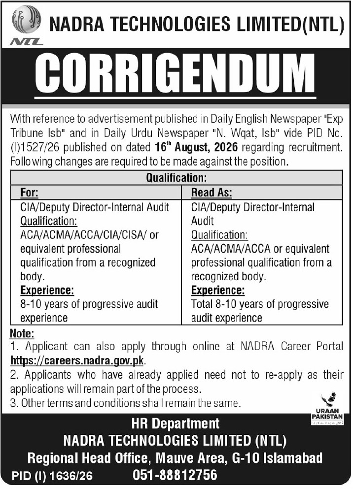 NADRA Technologies Limited NTL Jobs 2026 corrigendum showing revised qualification and experience requirements for CIA Deputy Director Internal Audit.