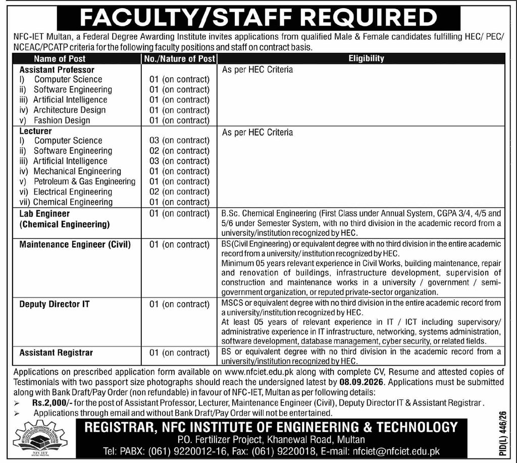 NFC-IET Multan Jobs 2026 advertisement showing faculty and staff vacancies for Assistant Professor, Lecturer, engineers and administrative positions.