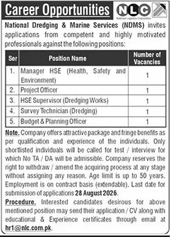 National Dredging & Marine Services Jobs 2026 advertisement showing five vacancies and application deadline of 28 August 2026.