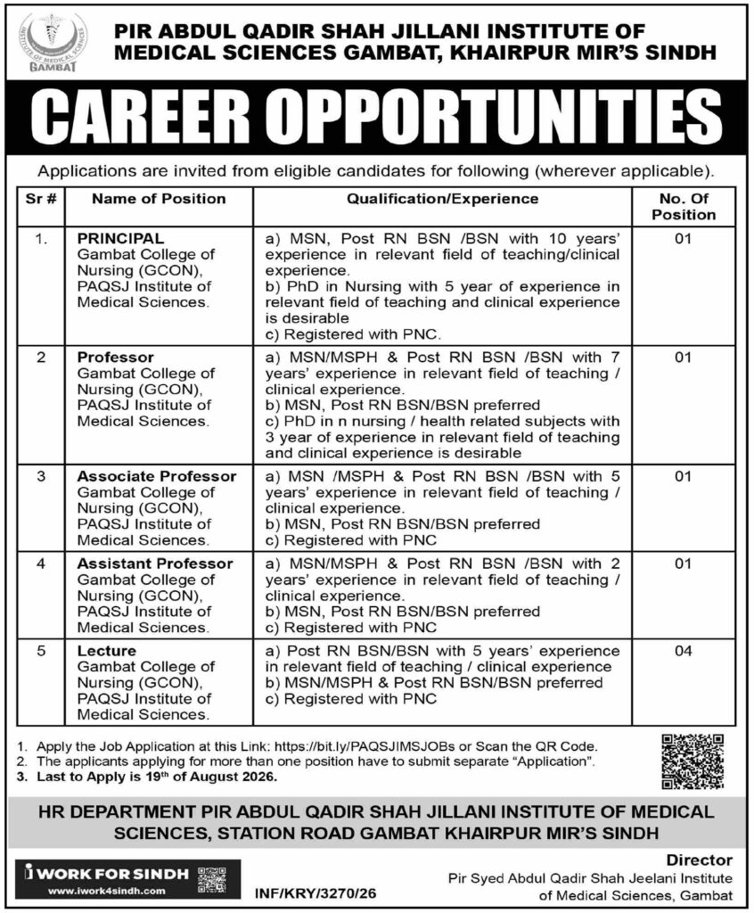 PAQSJIMS Jobs 2026 advertisement for Principal, Professor, Associate Professor, Assistant Professor and Lecturer nursing vacancies in Gambat, Sindh.