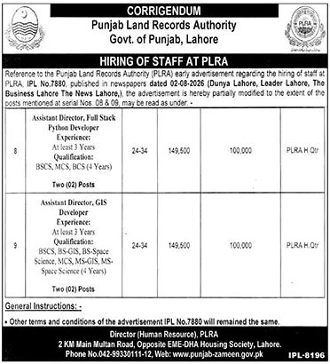 PLRA Jobs 2026 corrigendum by Punjab Land Records Authority for Assistant Director Python Developer and GIS Developer vacancies in Lahore.