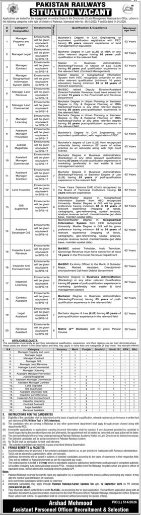 "Pakistan Railways Jobs 2026 advertisement showing 81 vacancies in Land Management Department, Lahore"
