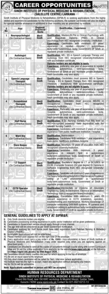SIPM&R Jobs 2026 advertisement showing contractual vacancies for healthcare, nursing, technical and support staff at Sindh Institute of Physical Medicine & Rehabilitation Satellite Centre Larkana, with applications closing on 25 August 2026.