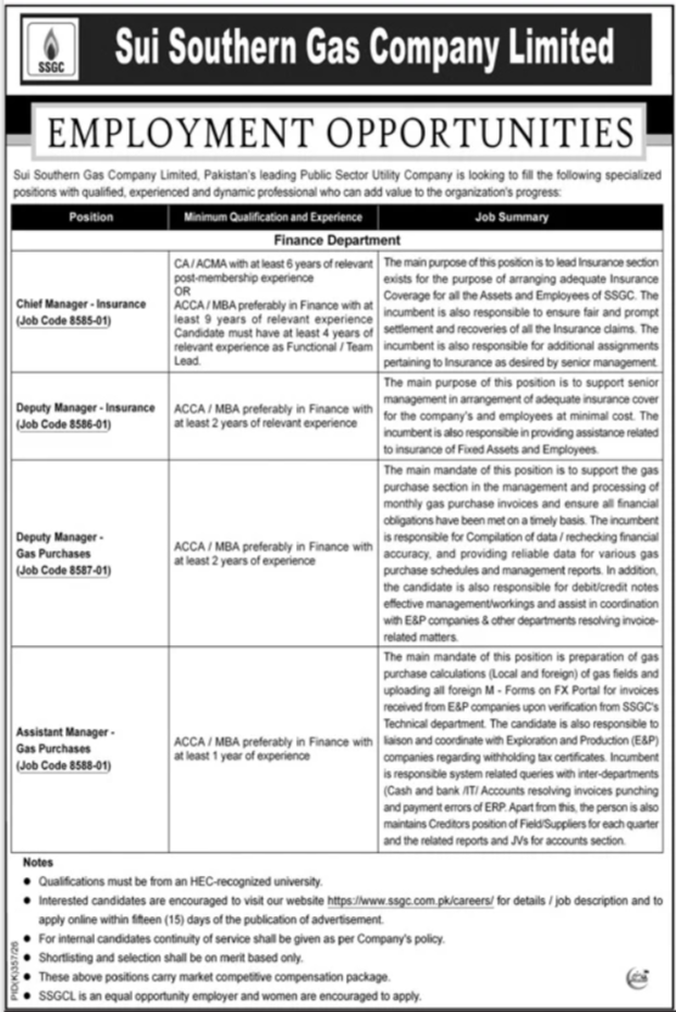 Sui Southern Gas Company Jobs advertisement for insurance and gas purchase positions in the Finance Department.