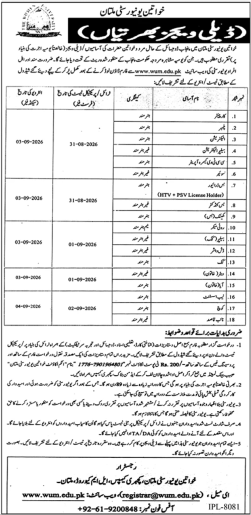 Women University Multan Jobs 2026 advertisement showing daily wage vacancies, practical test dates, interview schedule and application details.