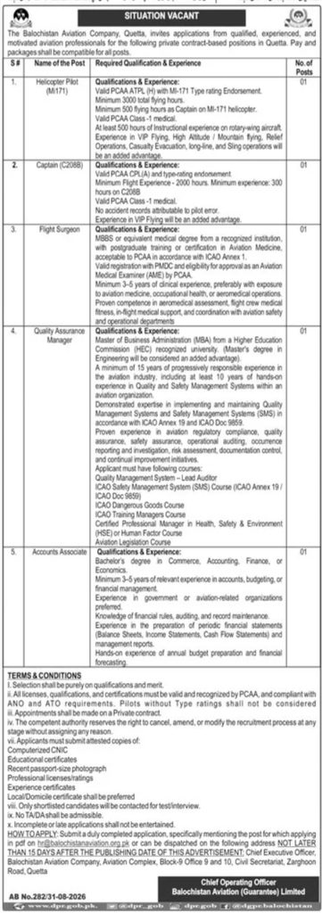 "Balochistan Aviation Company Jobs 2026 advertisement listing vacancies for Helicopter Pilot, Captain, Flight Surgeon, Quality Assurance Manager and Accounts Associate in Quetta"