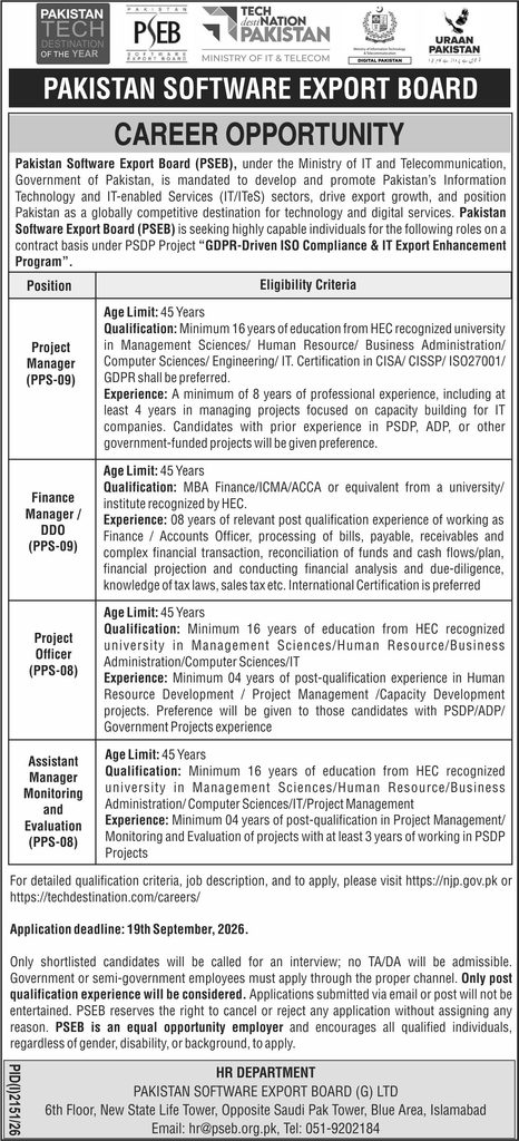 "PSEB Jobs 2026 advertisement announcing career opportunities at Pakistan Software Export Board for Project Manager, Finance Manager, Project Officer, and Assistant Manager posts in Islamabad"